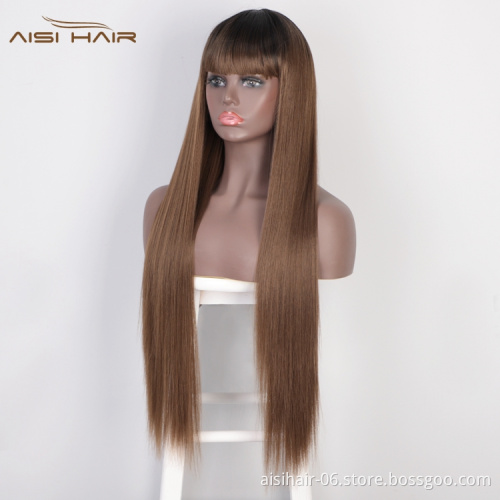 Aisi Hair Top Quality Cheap Long Silky Straight Fiber Wigs High Temperature Synthetic Fiber Wig Ombre Brown Wigs Wiht Bangs